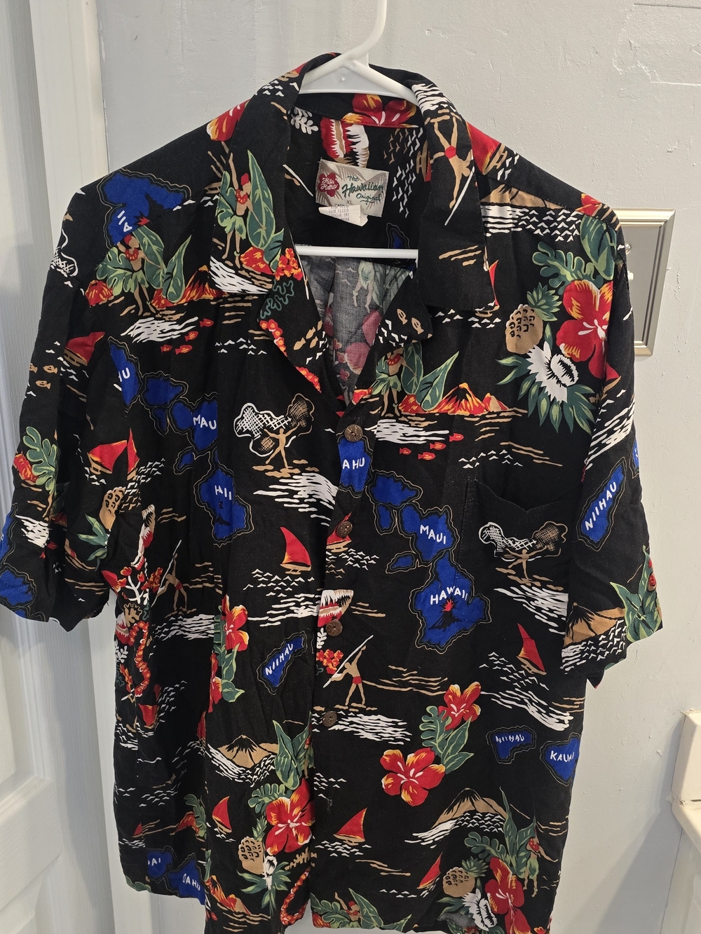 Hawaiian Aloha Print Button-Up Shirt - Black with Red & Blue Floral